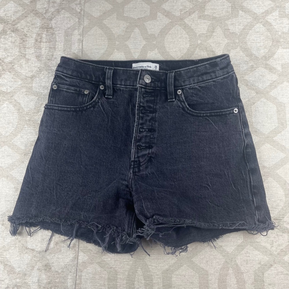 Abercrombie & Fitch High Rise 4" Denim Shorts Womens 26/2 Black Raw Hem Button
